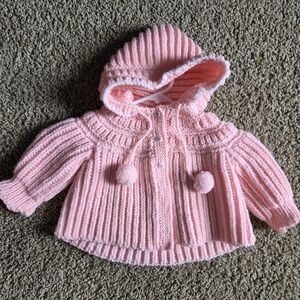 Hand Knit Baby Sweater Pink Hooded Cardigan 6-9 Months Boutique Style